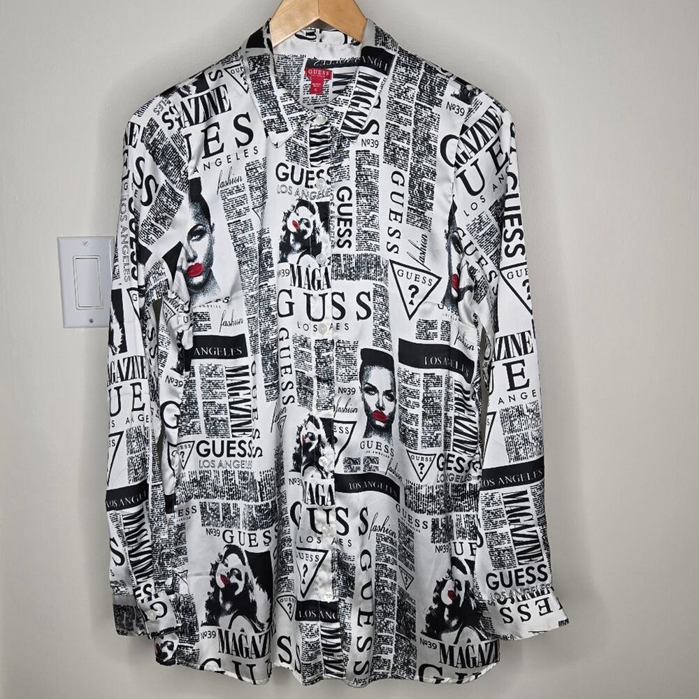 GUESS Los Angeles Black & White Graphic Magazine Print Long Sleeve Blouse Size S